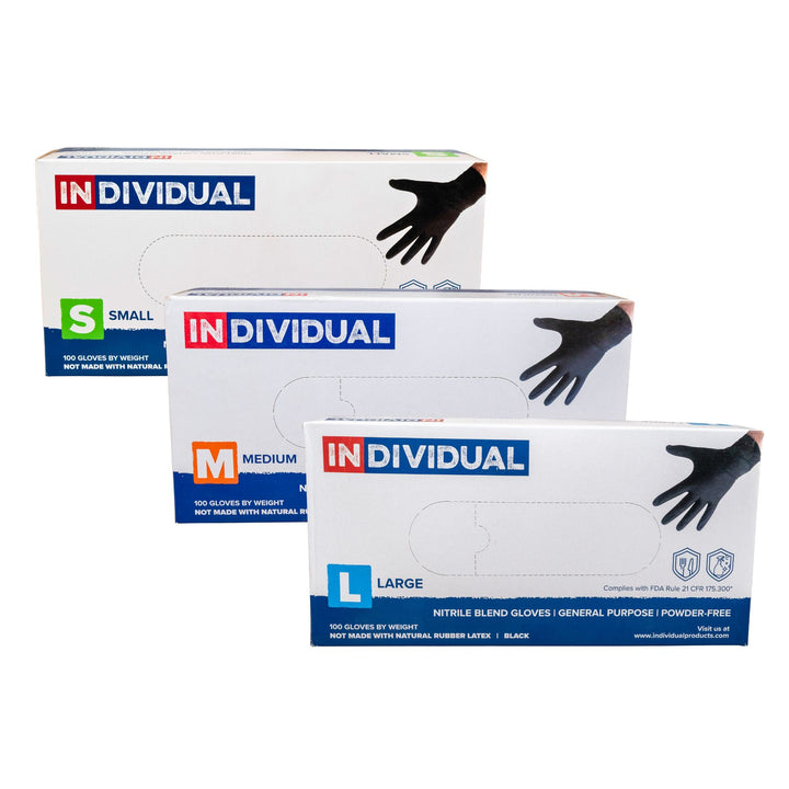 "Three boxes of nitrile blend disposable gloves in the sizes small, medium, and large on a white background," - Up N Smoke.