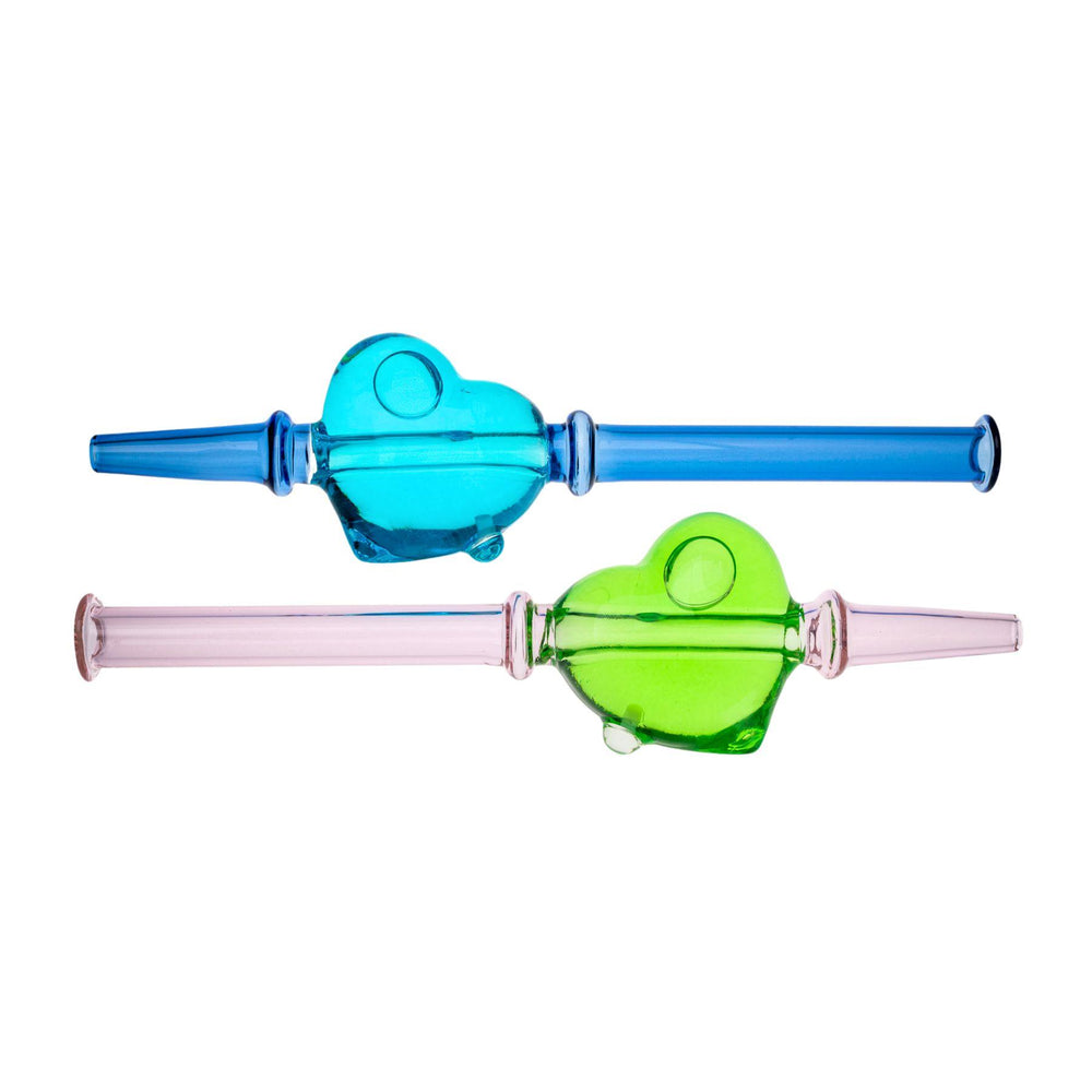 "Group photo of two Glycerin Heart Dab Straws. The body of this piece can be frozen for colder smoke sessions," - Up N Smoke.