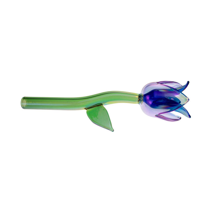 "Psychedelic flower-shaped one hitter resembling a flower stem with a detailed bloom and leaf." - Up N Smoke.