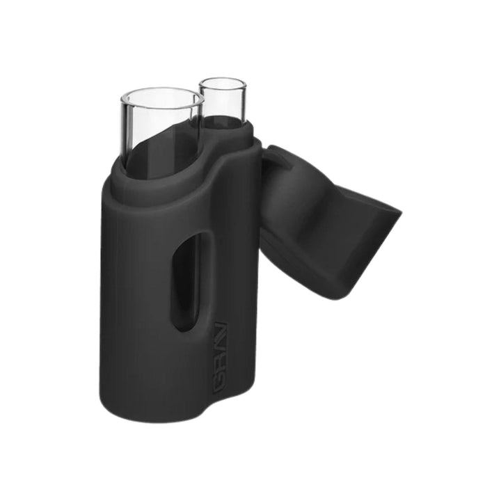 "A tilted and open black Silicone Grav Labs Dugout," - Up N Smoke.