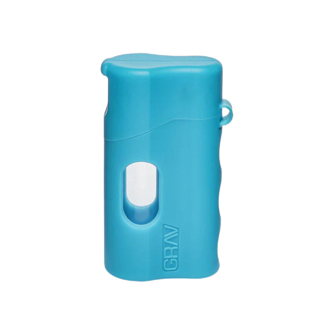 "A closed teal Grav Labs Silicone Dugout. Inside is a taster bat and a clear jar that can be seen through the viewfinder for your flower," - Up N Smoke.