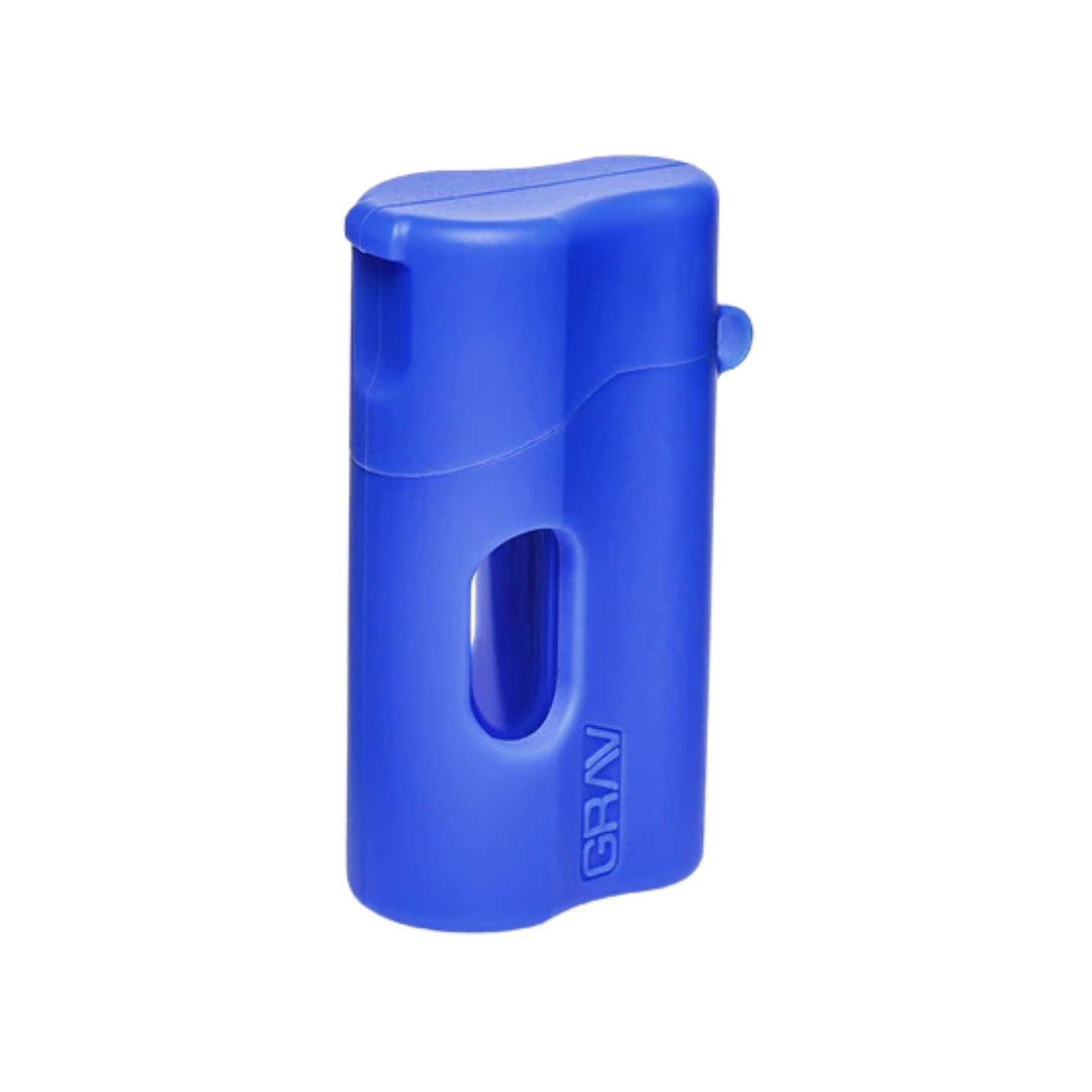 "An angled view of a dark blue Grav Labs Silicone Dugout with its lid closed," - Up N Smoke.