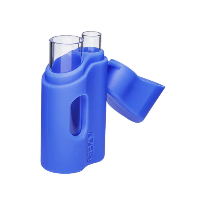 "A tilted and open dark blue Grav Labs Silicone Dugout," - Up N Smoke.