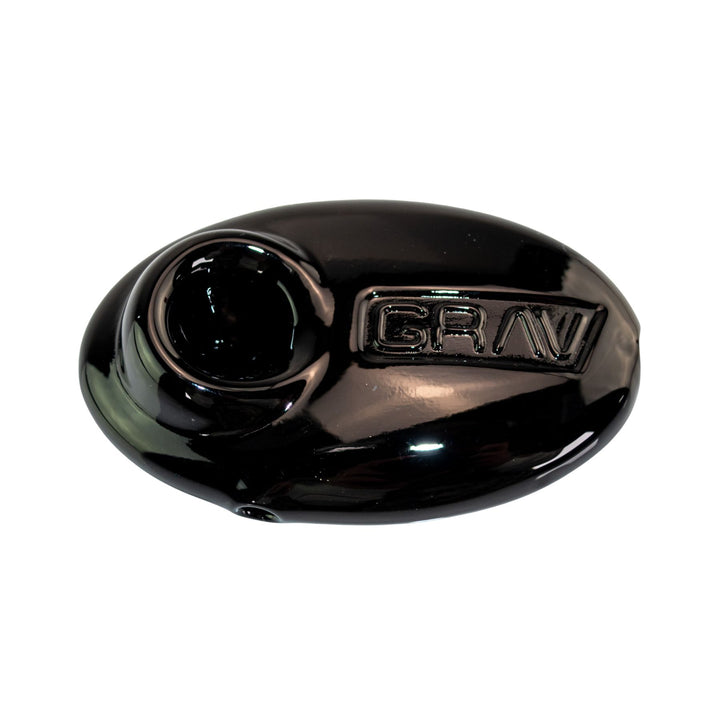 "Black oval smoking object with 'GRAV' branding on a white background," - Up N Smoke.