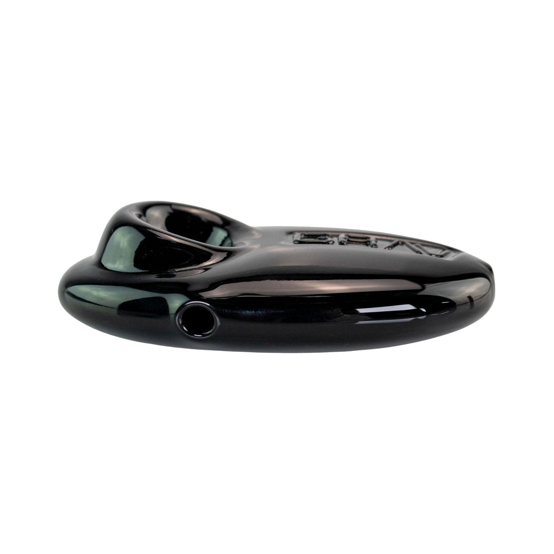 "Black glass Grav Labs Pebble pipe on a white background," - Up N Smoke.