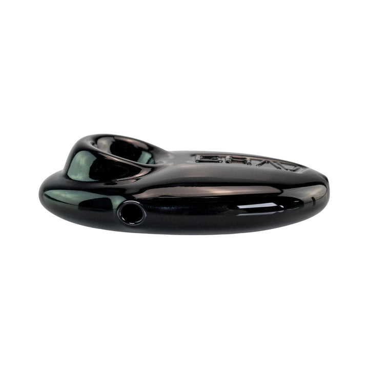 "Black glass Grav Labs Pebble pipe on a white background," - Up N Smoke.