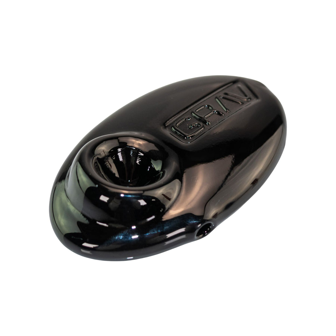 "Side angle of a black Grav Labs Pebble Spoon on a white background," - Up N Smoke.