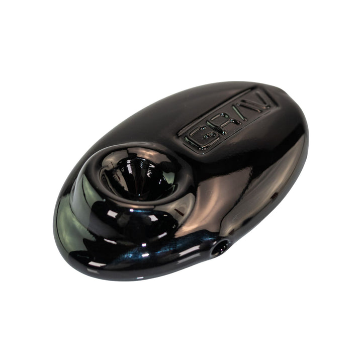 "Side angle of a black Grav Labs Pebble Spoon on a white background," - Up N Smoke.