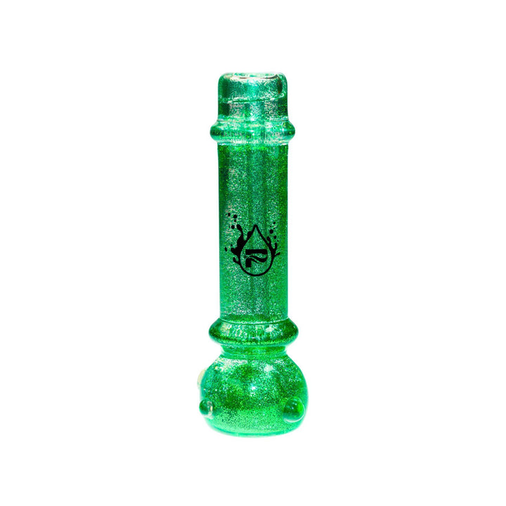 "A green Pulsar glycerin glitter chillum with a cylindrical shape and a flared base. The chillum features a sparkling glitter design inside the glycerin-filled body, enhancing its visual appeal. The black Pulsar logo is prominently displayed on the front. This chillum is designed for a smooth and cool smoking experience." - Up N Smoke.