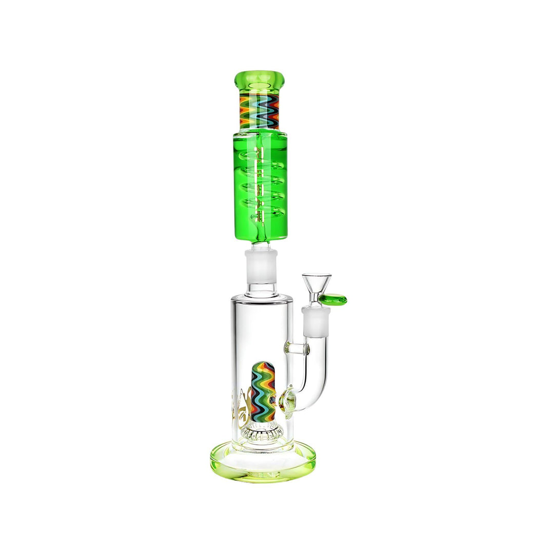 "Close-up of the Wig Wag Glycerin Stacker Bong from Pulsar Vaporizers. The bong features a multi-chamber design with a vibrant, wig-wag pattern in a mix of colors. It includes a glycerin-filled chamber for cooling, enhancing the smoking experience. The piece has a sleek, modern look with a clear glass body and intricate details." - Up N Smoke.