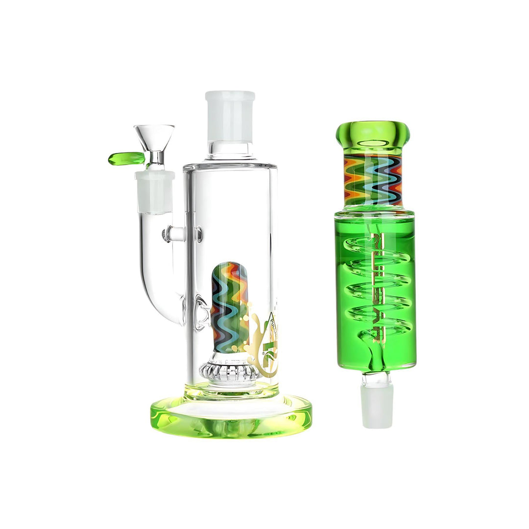 "Close-up of the Wig Wag Glycerin Stacker Bong from Pulsar Vaporizers. The bong features a multi-chamber design with a vibrant, wig-wag pattern in a mix of colors. It includes a glycerin-filled chamber for cooling, enhancing the smoking experience. The piece has a sleek, modern look with a clear glass body and intricate details." - Up N Smoke.