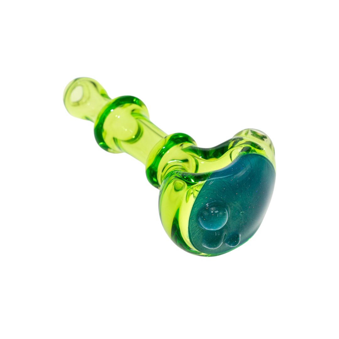 Front right diagonal photo of a green Tagle Glass blue opal hand pipe. This spoon has a clear lime green base with a stunning blue opal at the head of the pipe. - Up N Smoke. 