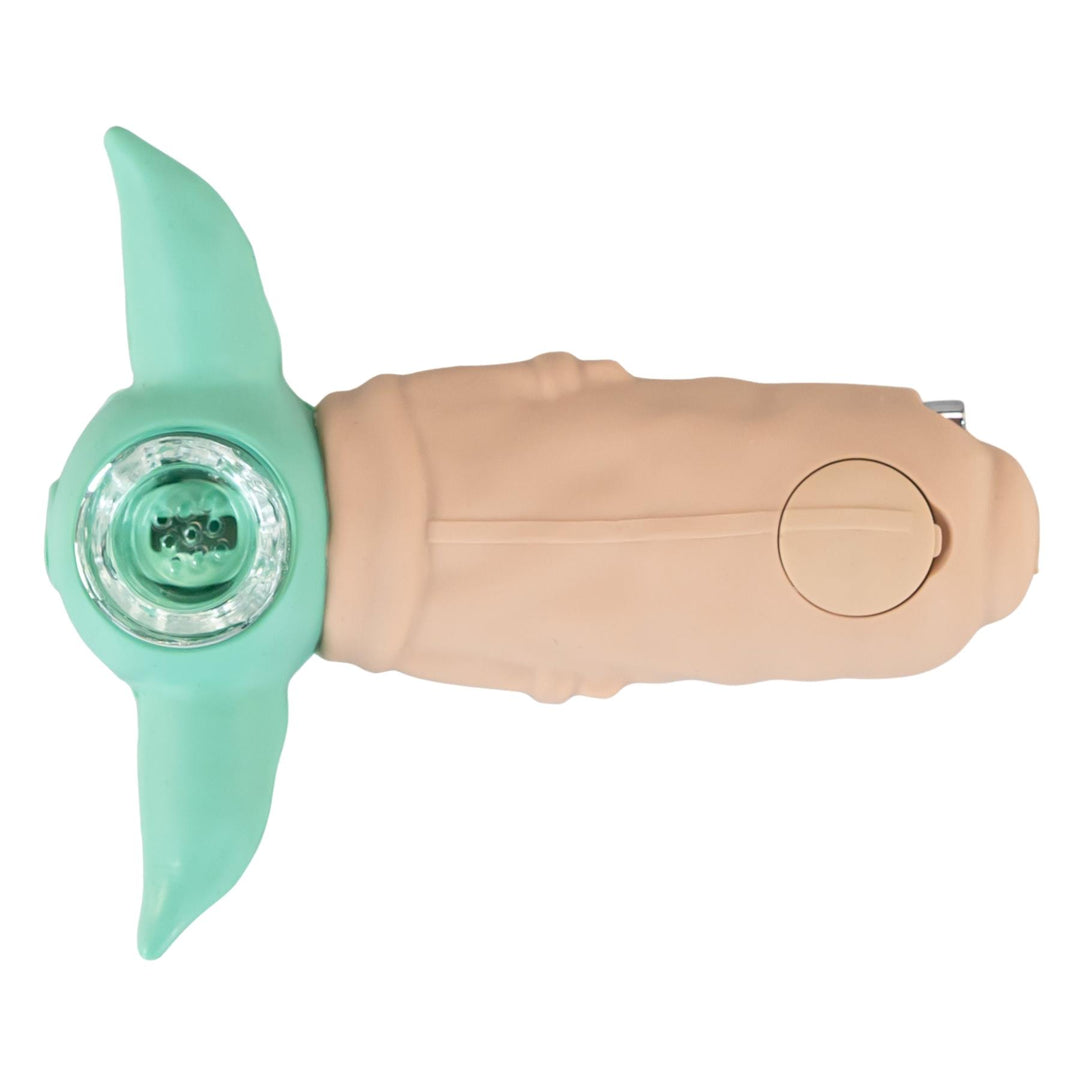 Grogu Silicone Pipe on a white background showcasing glass bowl - Up N Smoke