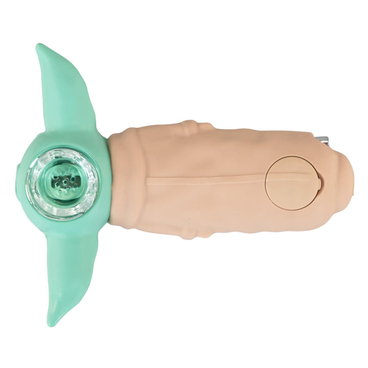 Grogu Silicone Pipe on a white background showcasing glass bowl - Up N Smoke