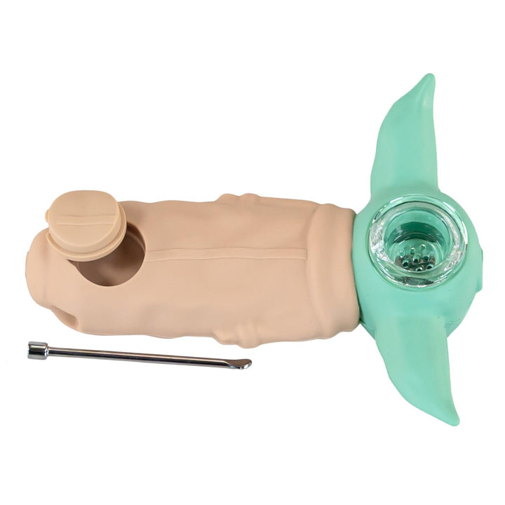 Grogu Silicone Pipe on a white background showcasing storage slot and poker tool - Up N Smoke