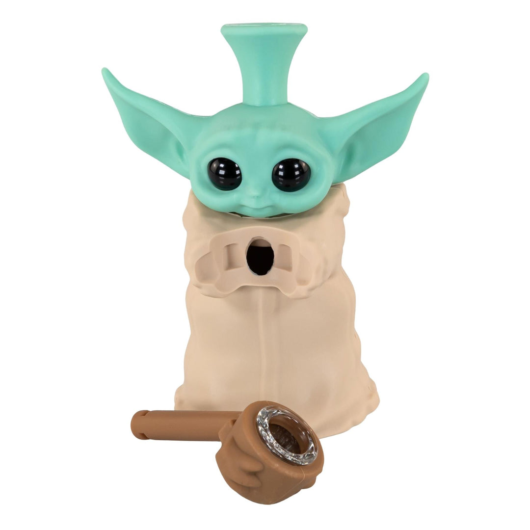 Grogu Silicone Water Pipe on a white background with removable downstem - Up N Smoke