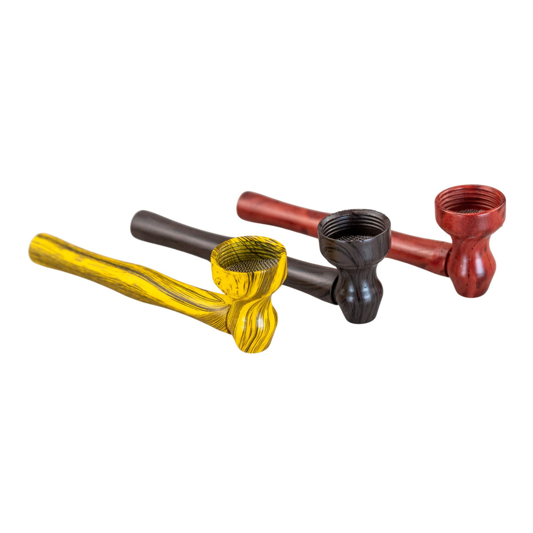 "Group of three D&K Woodgrain Metal Pipes in the color variations yellow, black, and cherry," - Up N Smoke.