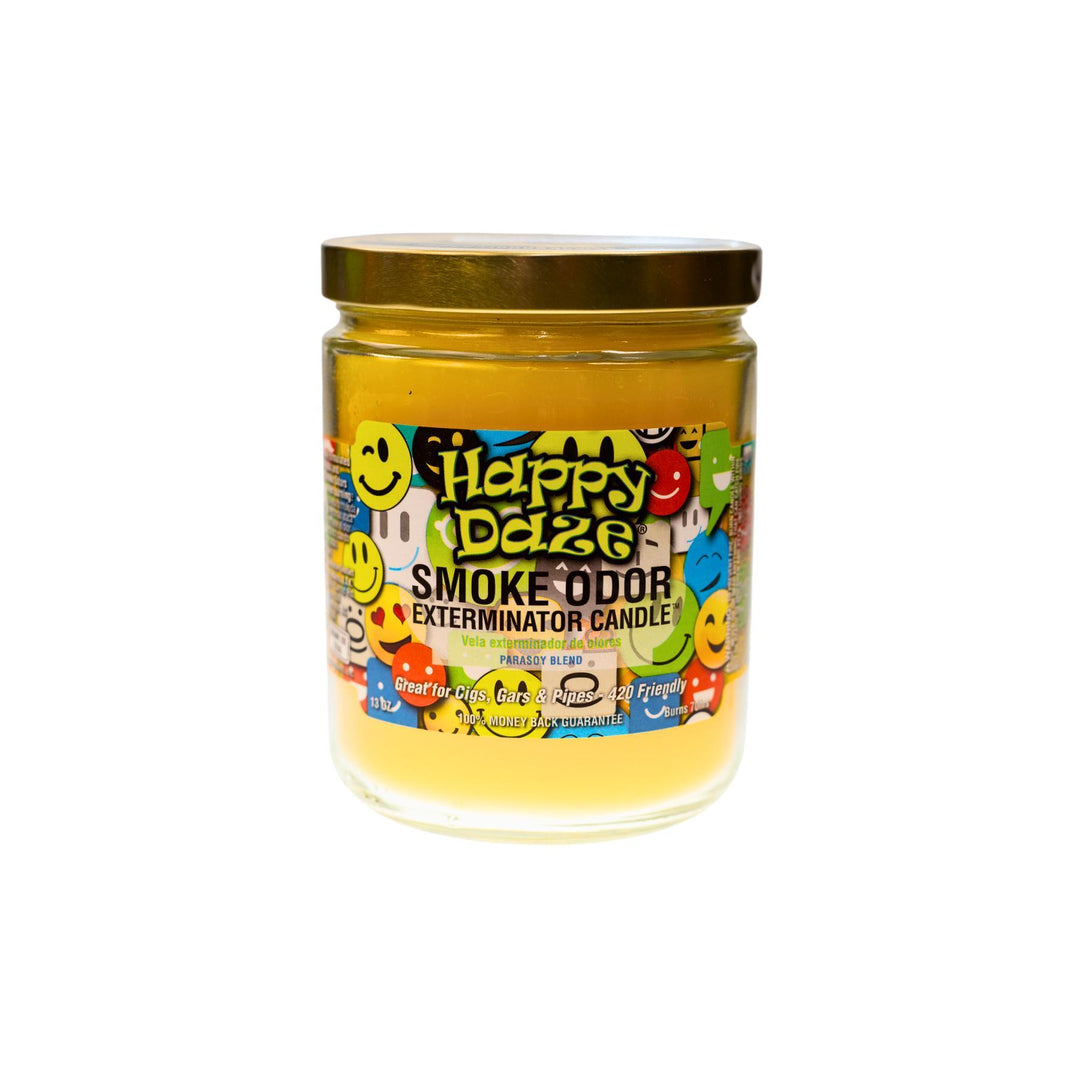  "Close-up of the Happy Daze Smoke Odor Exterminator Candle. The jar features a cheerful, eye-catching label with bright, lively graphics. The candle inside has a bright yellow wax, and the label highlights its refreshing fragrance blend, designed to effectively eliminate smoke and other odors." - Up N Smoke.