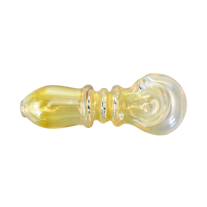 "3.5-inch gold-fumed glass spoon pipe with a stunning blue-to-yellow hue and three glass ringlets on the handle." - Up N Smoke.