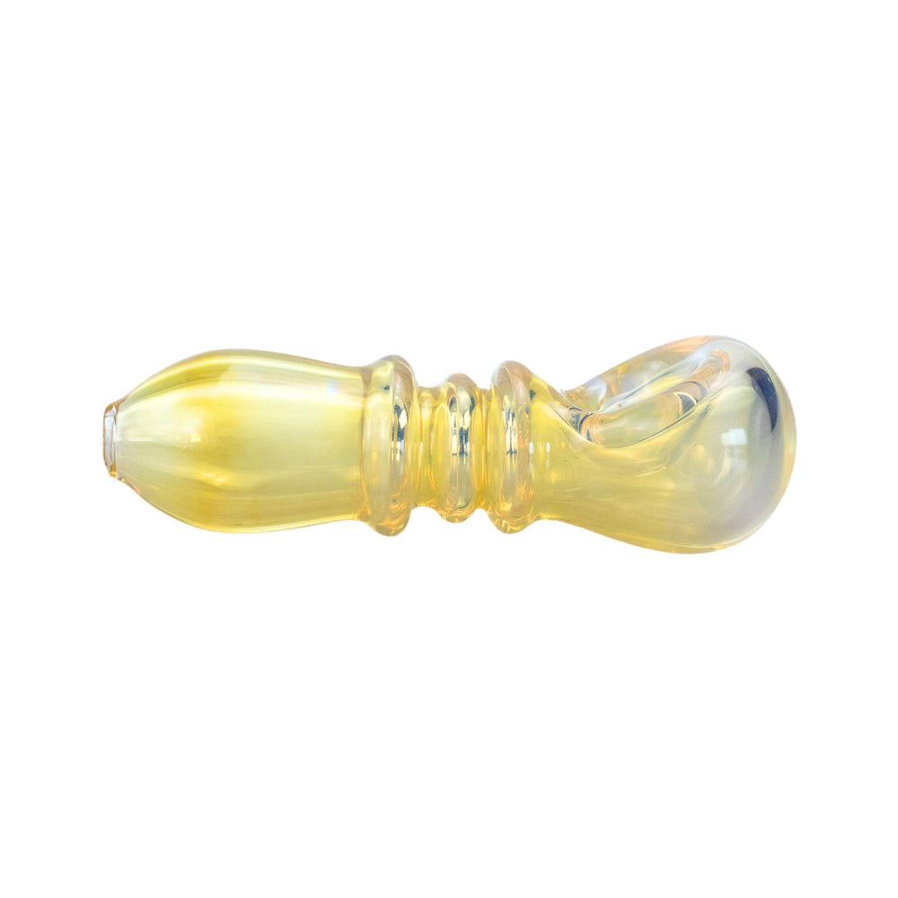 "Compact glass pipe showcasing a gold-fumed finish with color-changing blue-to-yellow tones and an ergonomic handle." - Up N Smoke.