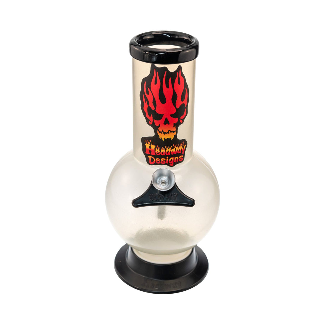 "Front of an 8'' acrylic Frosted Headway Designs water pipe that features their flaming skull logo and comes with an aluminum herb slide," - Up N Smoke.