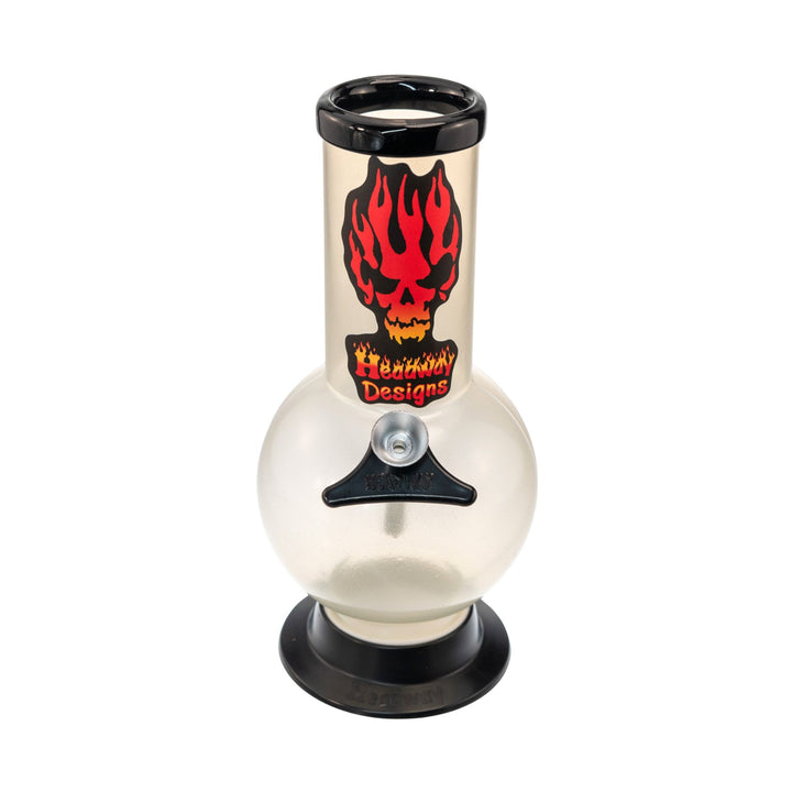 "Front of an 8'' acrylic Frosted Headway Designs water pipe that features their flaming skull logo and comes with an aluminum herb slide," - Up N Smoke.