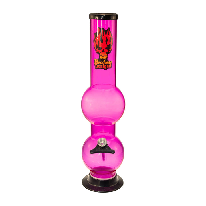 "A 12'' pink glass water pipe by Headway Designs with a black base and metal herb slide on a white background," - Up N Smoke.