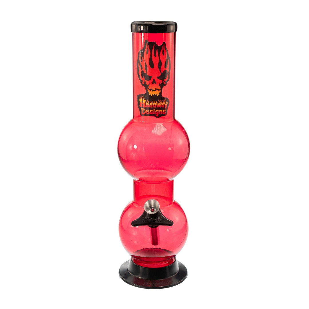 "Front of a red Headway Designs Double Bubble Water Pipe that is made out of acrylic," - Up N Smoke.