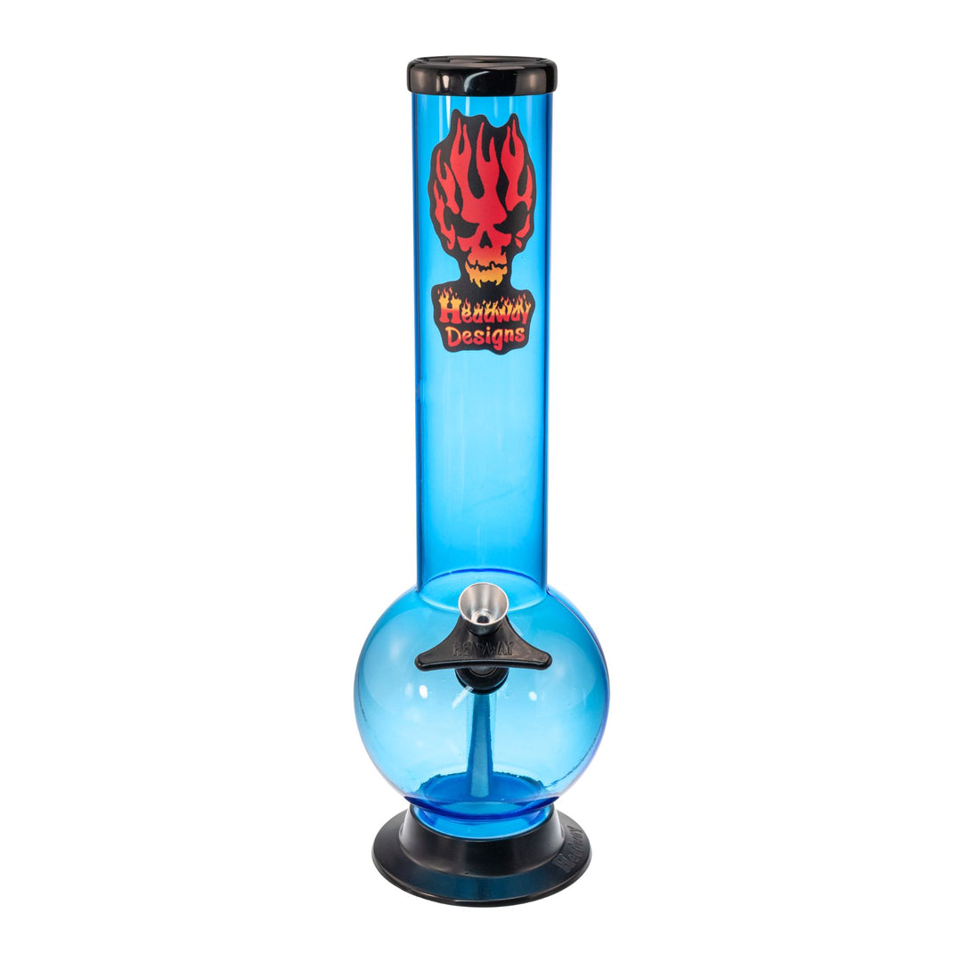 "Front of a 12'' Light Blue Headway Designs water pipe. This piece is made out of acrylic and comes with a metal herb slide," - Up N Smoke.