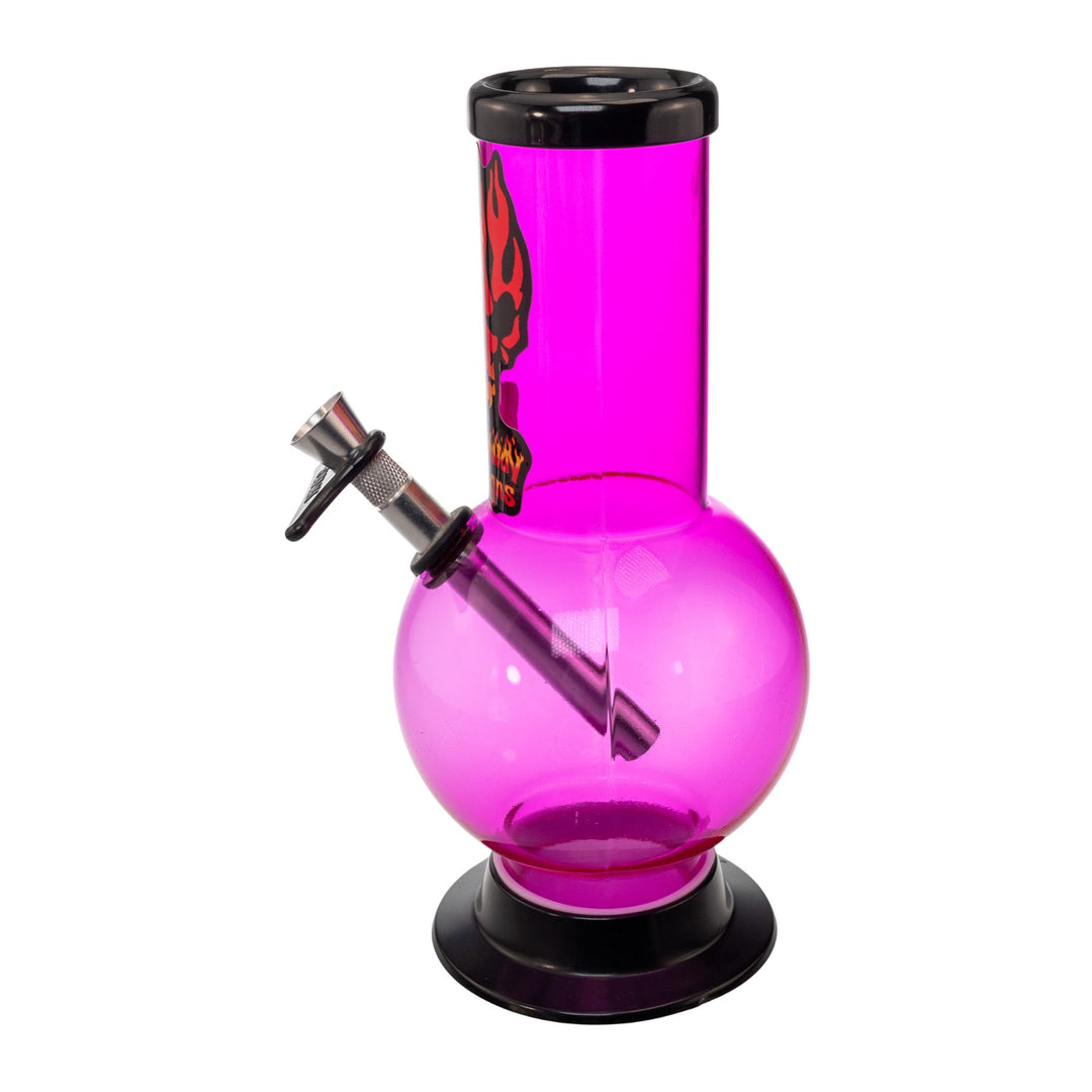 "Left-side of a pink Headway Designs Bubble water pipe that is made out of acrylic and comes with a metal herb slide," - Up N Smoke.