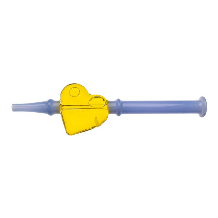"Yellow and blue Glycerin Heart Nectar Collector on a white background," - Up N Smoke.