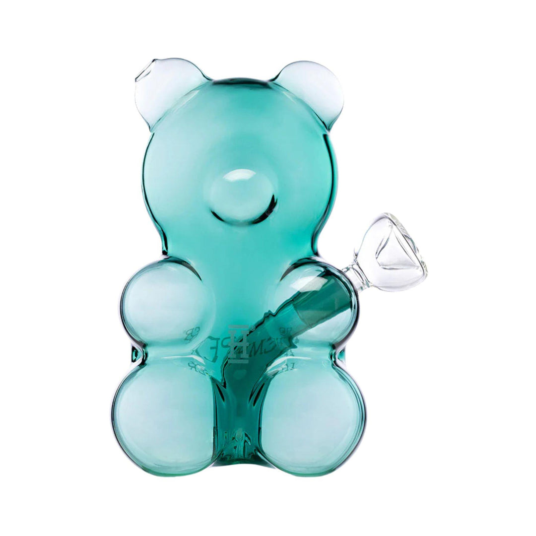 "Front of a teal Hemper Gummy Bear Water Pipe on a white background," - Up N Smoke.