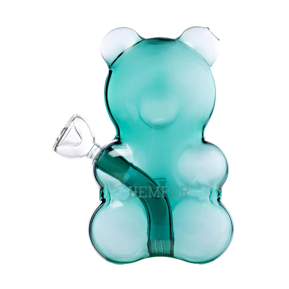 "Backside of a teal Hemper Gummy Bear Water Pipe on a white background," - Up N Smoke.
