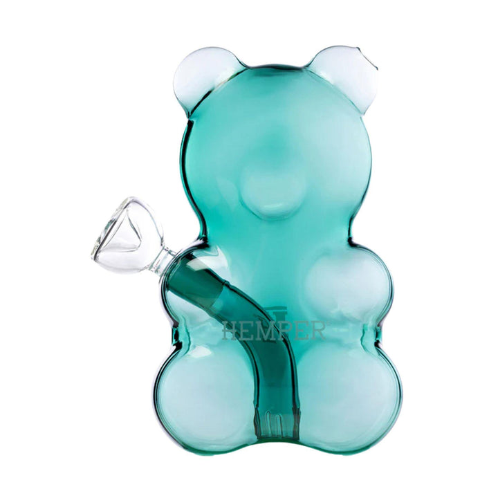 "Backside of a teal Hemper Gummy Bear Water Pipe on a white background," - Up N Smoke.