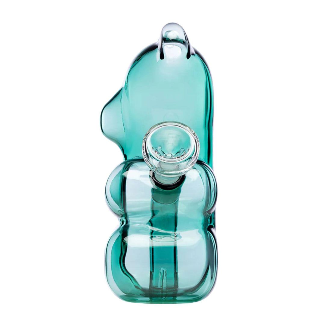 "Left side of a Hemper Gummy Bear Water Pipe, showcasing the herb bowl, on a white background," - Up N Smoke.