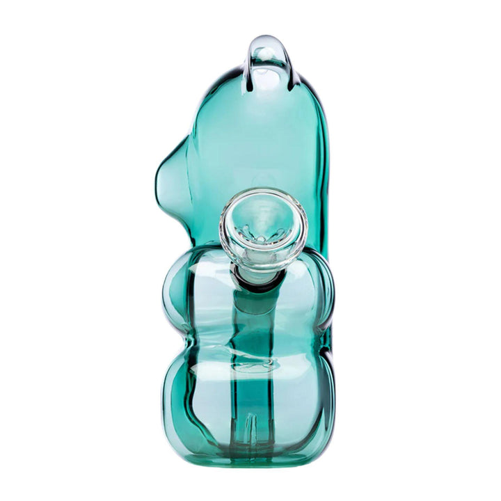 "Left side of a Hemper Gummy Bear Water Pipe, showcasing the herb bowl, on a white background," - Up N Smoke.