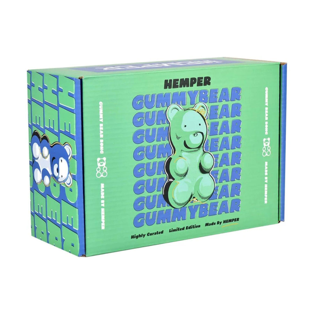 "Green box with 'Hemper Gummy Bear' branding and design on a white background," - Up N Smoke.
