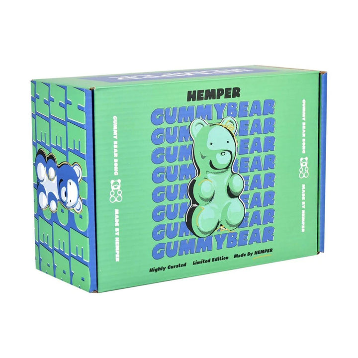 "Green box with 'Hemper Gummy Bear' branding and design on a white background," - Up N Smoke.