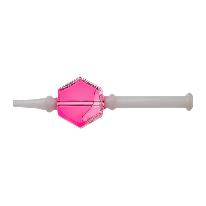 "Pink and white Hexagon Glycerin Nectar Collector on a white background," - Up N Smoke.