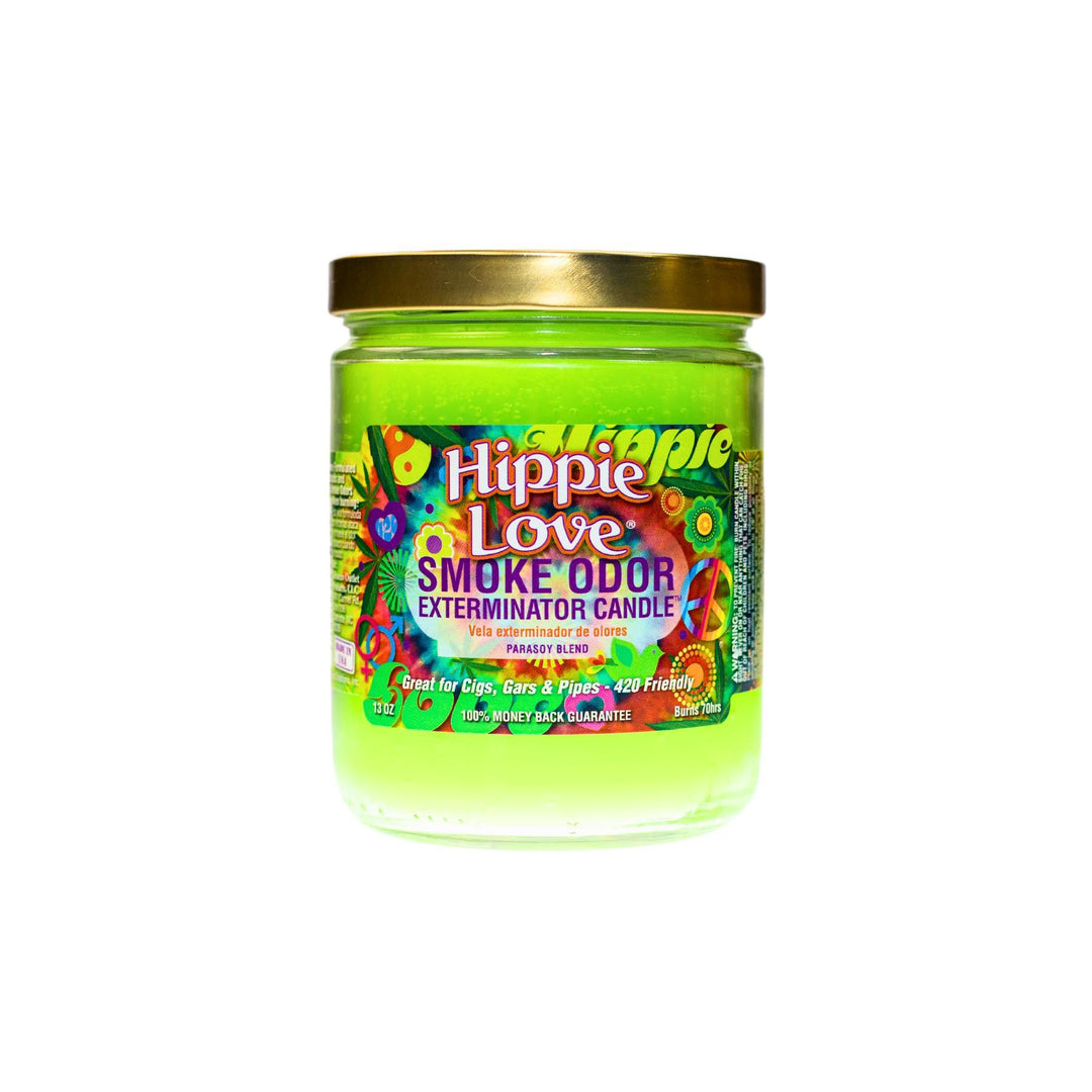  "Close-up of the Hippie Love Smoke Odor Exterminator Candle. The jar features a vibrant, psychedelic label with heart and peace symbol designs. The candle inside is a rich green wax, and the label highlights its sweet, calming fragrance blend, ideal for neutralizing smoke and other odors." - Up N Smoke.