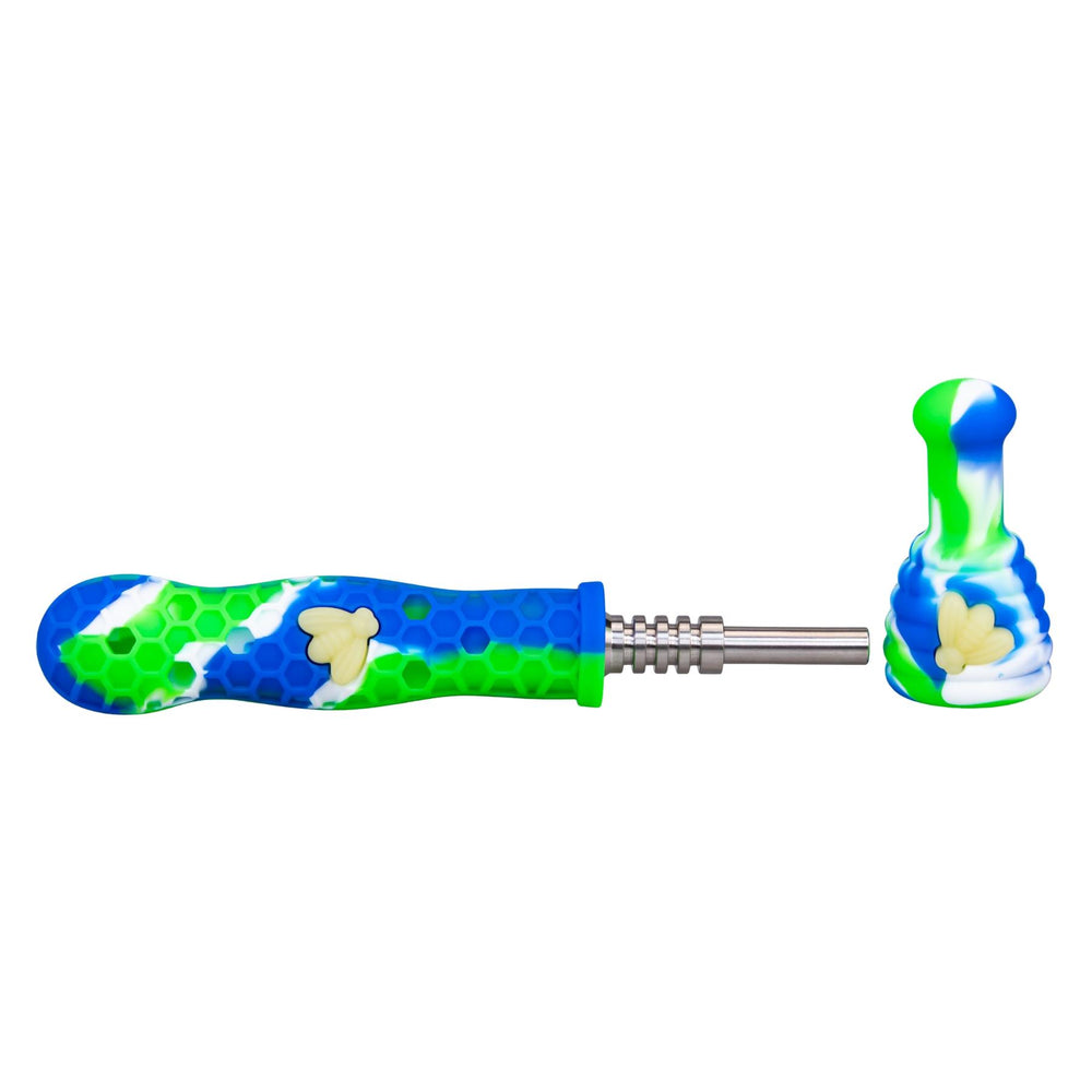 Honey Bee Silicone UV Nectar Collector Green with Blue on a white background - Up N Smoke