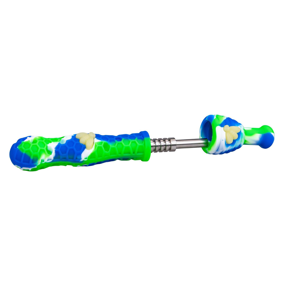 Honey Bee Silicone UV Nectar Collector Green with Blue side angle on a white background - Up N Smoke