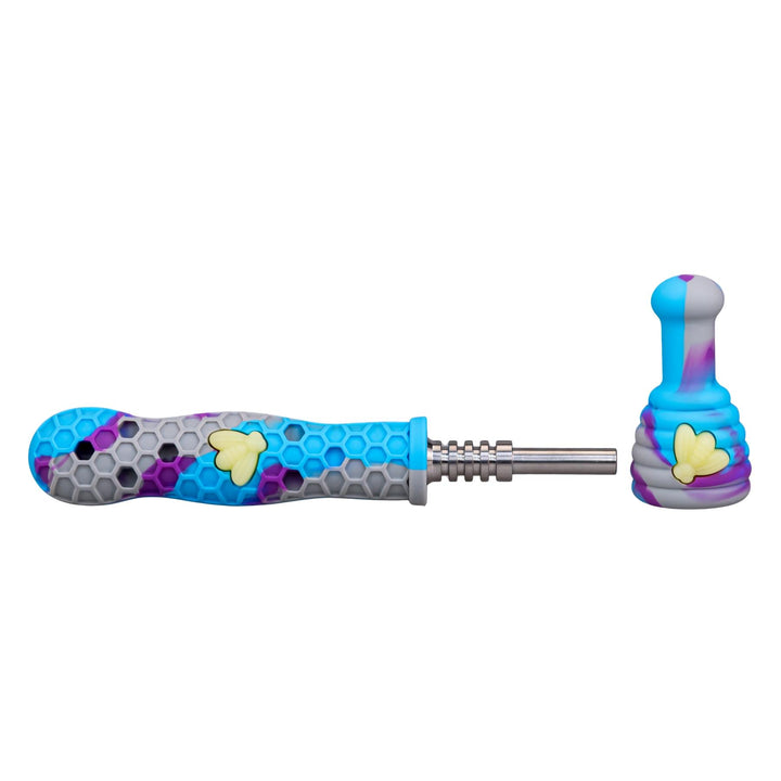 Honey Bee Silicone UV Nectar Collector Grey with Blue cap of on a white background - Up N Smoke