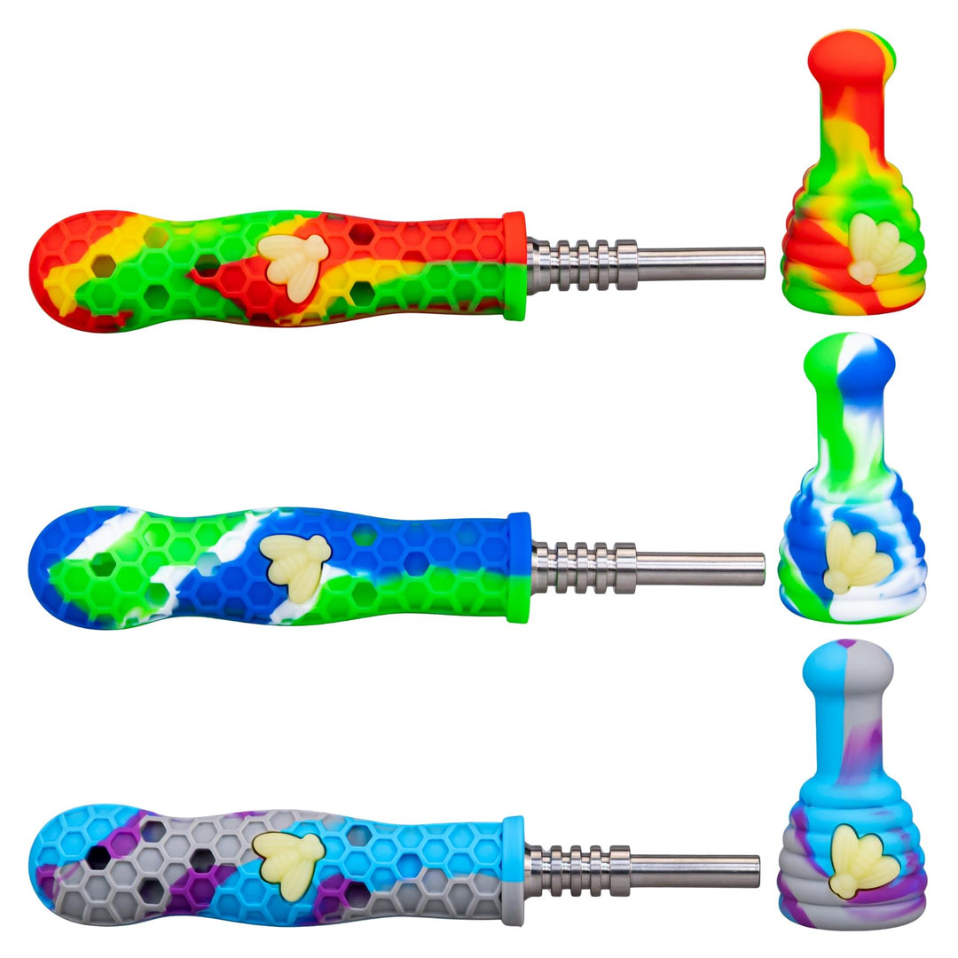Honey Bee Silicone UV Nectar Collector grouped on a white background - Up N Smoke