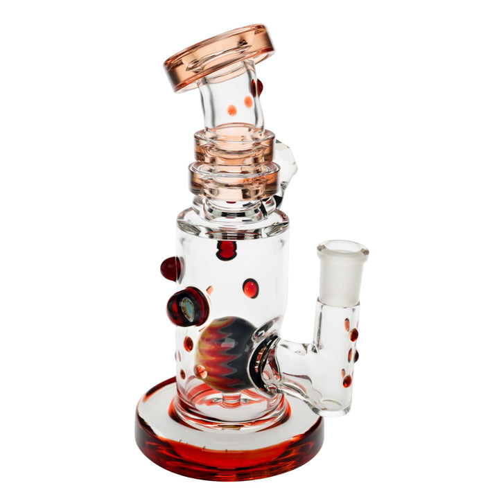 "Side angle of a red Hubbard Rig with a wig-wag marble within the interior on a white background," - Up N Smoke.