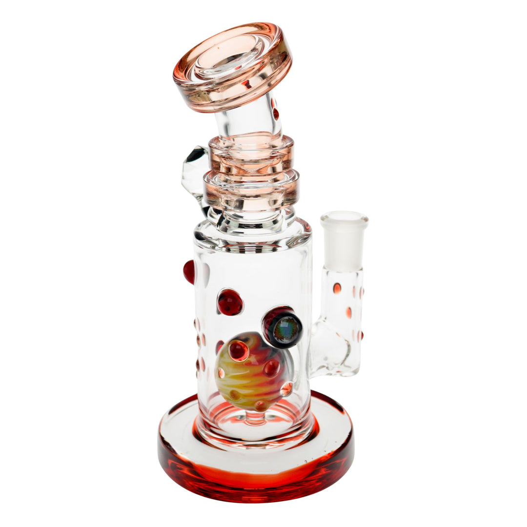"Backside of a red Hubbard Rig that is adorned with intricate glass beads on a white background," - Up N Smoke.