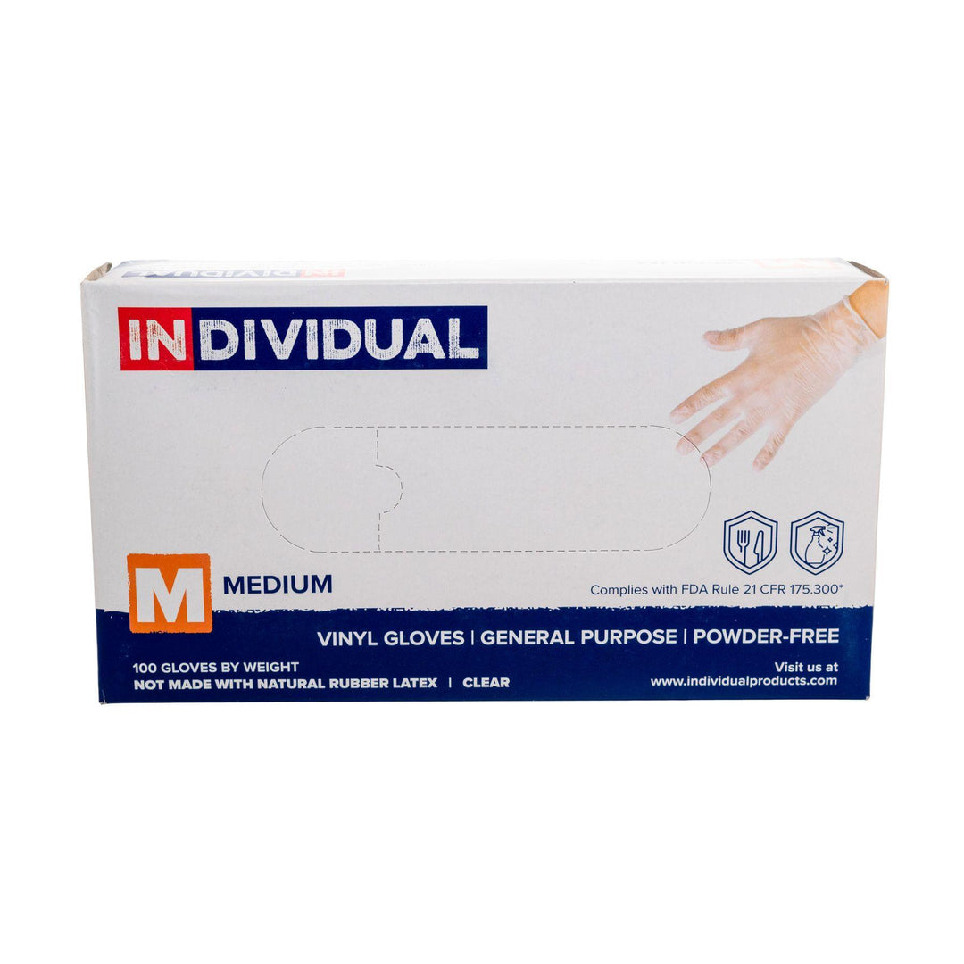 Individual Clear Vinyl Gloves 100ct Medium displayed on a white background - Up N Smoke