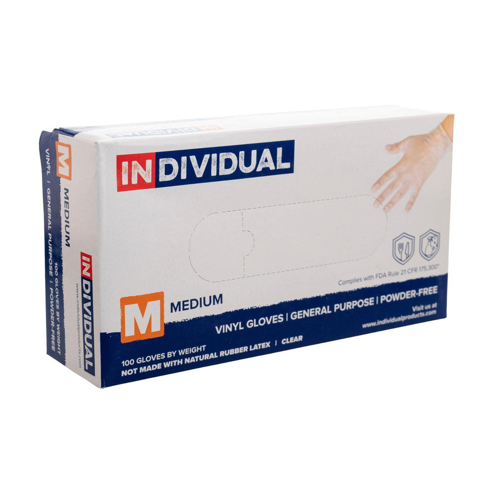 Individual Clear Vinyl Gloves 100ct Medium displayed on a white background side angle - Up N Smoke