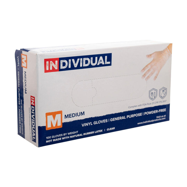 "Slightly angled box of Individual Brand Vinyl Gloves on a white background," - Up N Smoke.