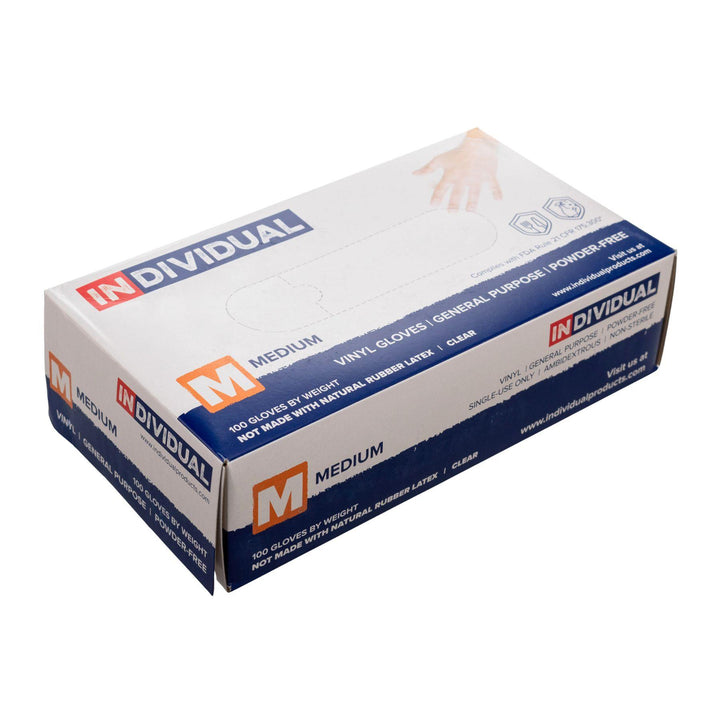 "Side angle of a box of Individual Brand Vinyl Gloves in the size medium," - Up N Smoke.